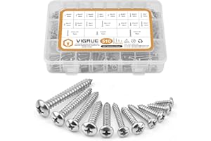VIGRUE 510Pcs Stainless Steel Wood Screws Assortment Kit, #4#6#8#10#12 Phillips Pan Head Sheet Metal Screws Self Tapping Screws Set,Length 3/8" to 1-1/2"