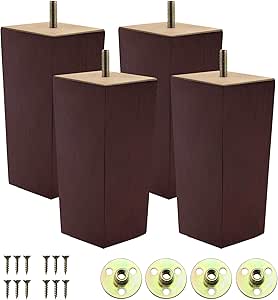 LAVANE 6 Inch / 15 Cm Wooden Furniture Legs Set Of 4 Mid-Century Modern Solid Wood Square Pyramid Unfinished Replacement Feet 5 16 Hanger Bolt Mounting Pl