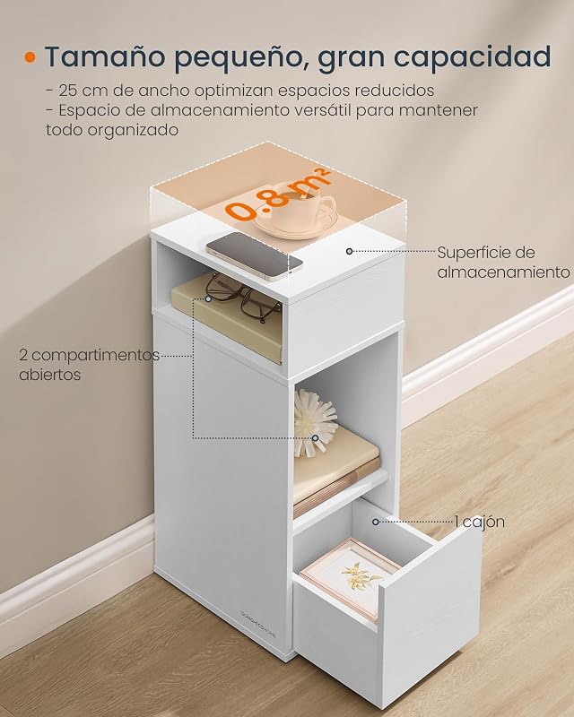 Mesa de cabeceira estreita, montagem sem ferramentas, com gaveta