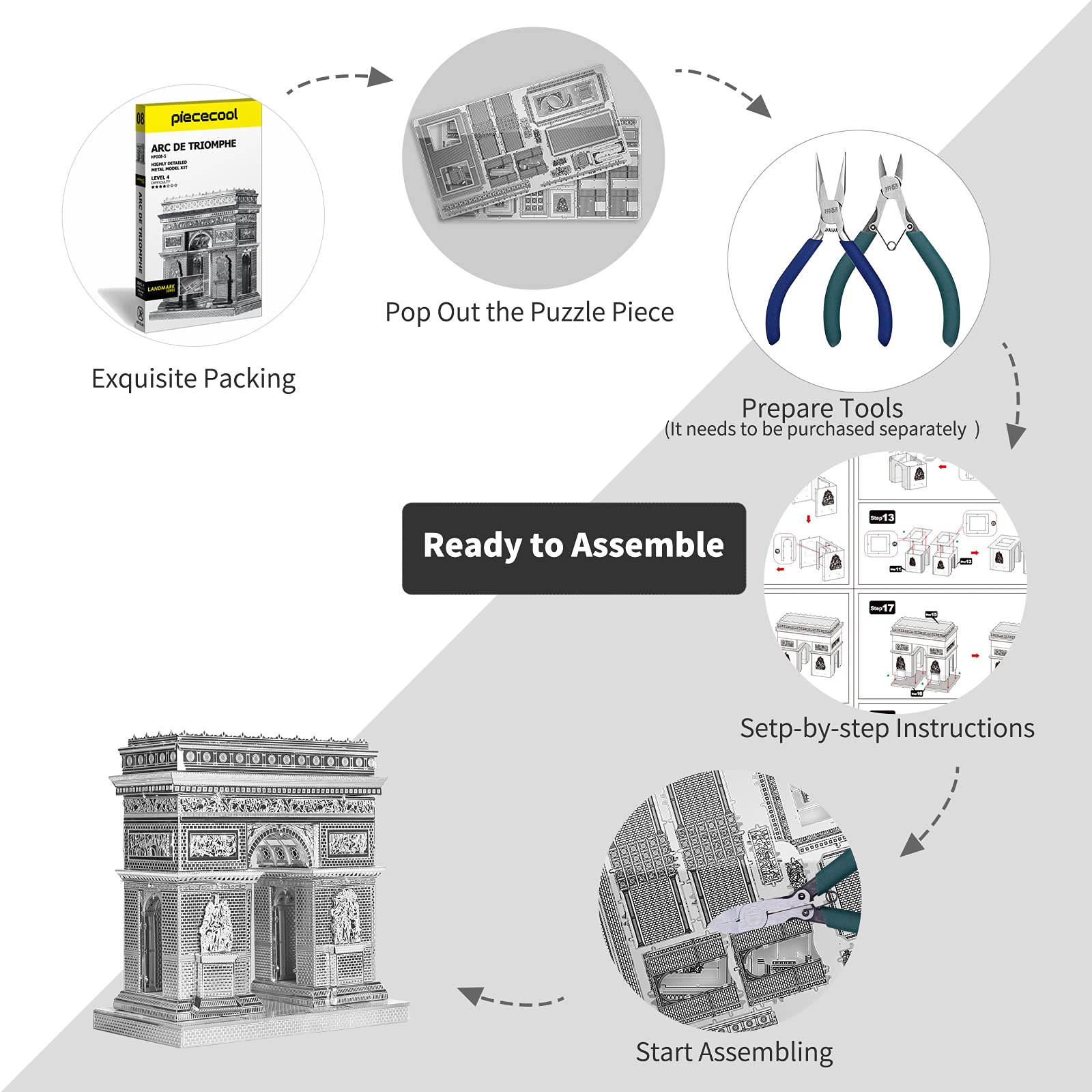 Piececool 3D Metal Puzzles for Adults, Arc De Triomphe Model Kit, France Famous Architecture Building Kit for Men DIY Handcraft Great Gifts for Birhtday Christmas, 41Pcs