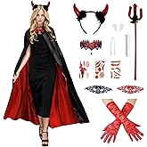 Joyesplay Vampire Cape Women, Vampire Cloak with Devil Horns Tooth Necklace Lace Gloves, Womens Halloween Costumes