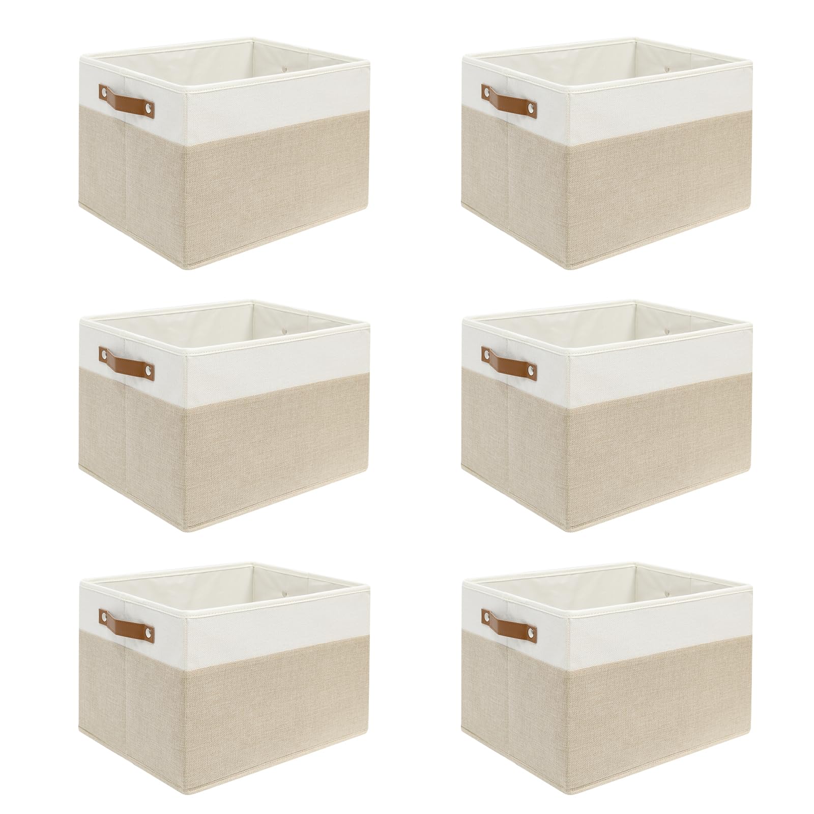 Photo 1 of 6 Pack Fabric Storage Baskets for Shelves, Closet Storage Bins for Shelves, Fabric Baskets for Organizing with Handles for Home and Office (White with Beige,15"L*10.2"W*9"H)
