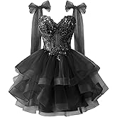 Zeeyecie Tiered Tulle Homecoming Dresses Sparkly Lace Applique Bow Straps Short Prom Dress for Teens Quinceanera DAMA Dress