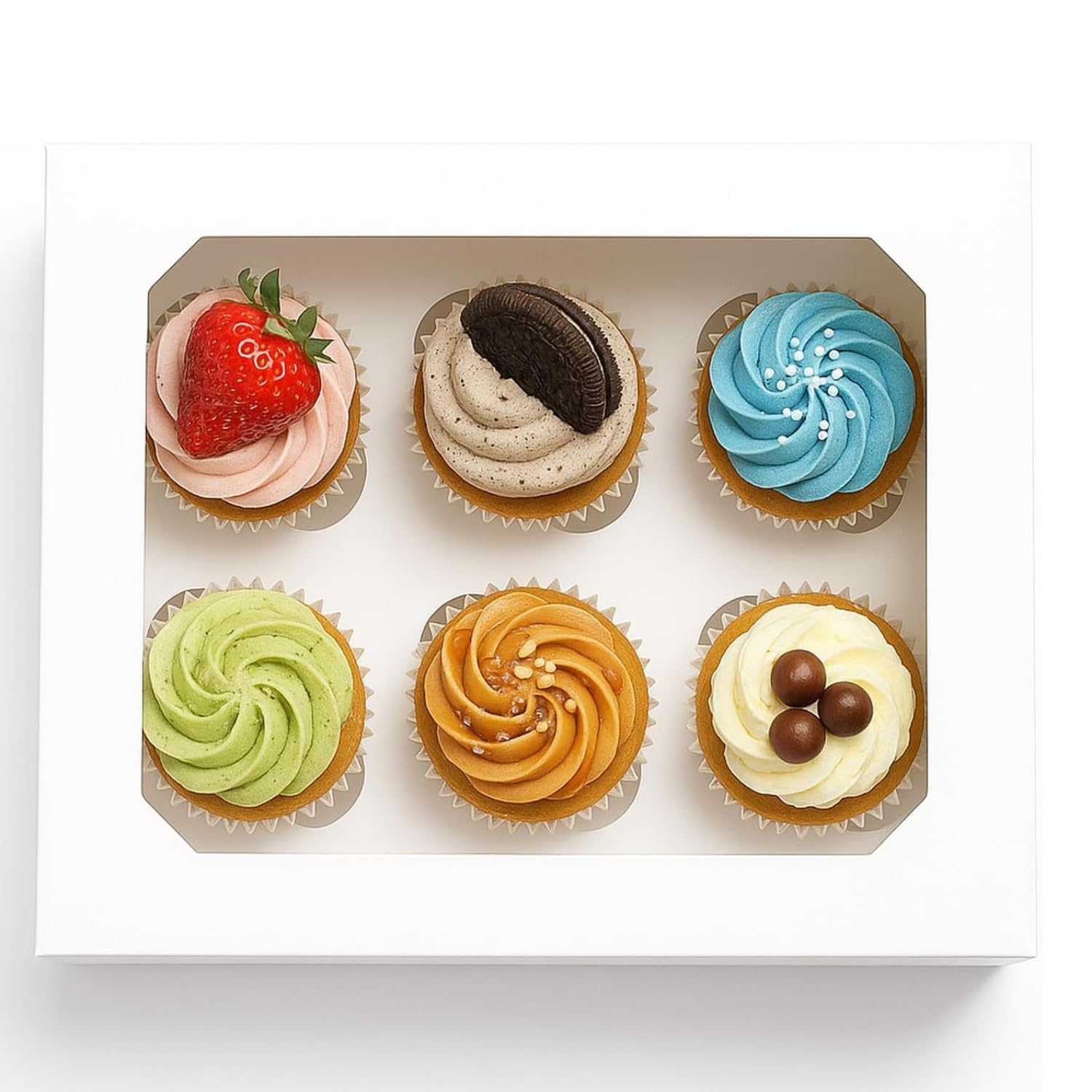 PACKARDI Pack of 10 White Cupcake Boxes 6 Hole with Window Including Stickers – Unique Cup cake Box with Auto Popup Perfect for Party Muffins, Cupcakes, Small Cakes & Cookies