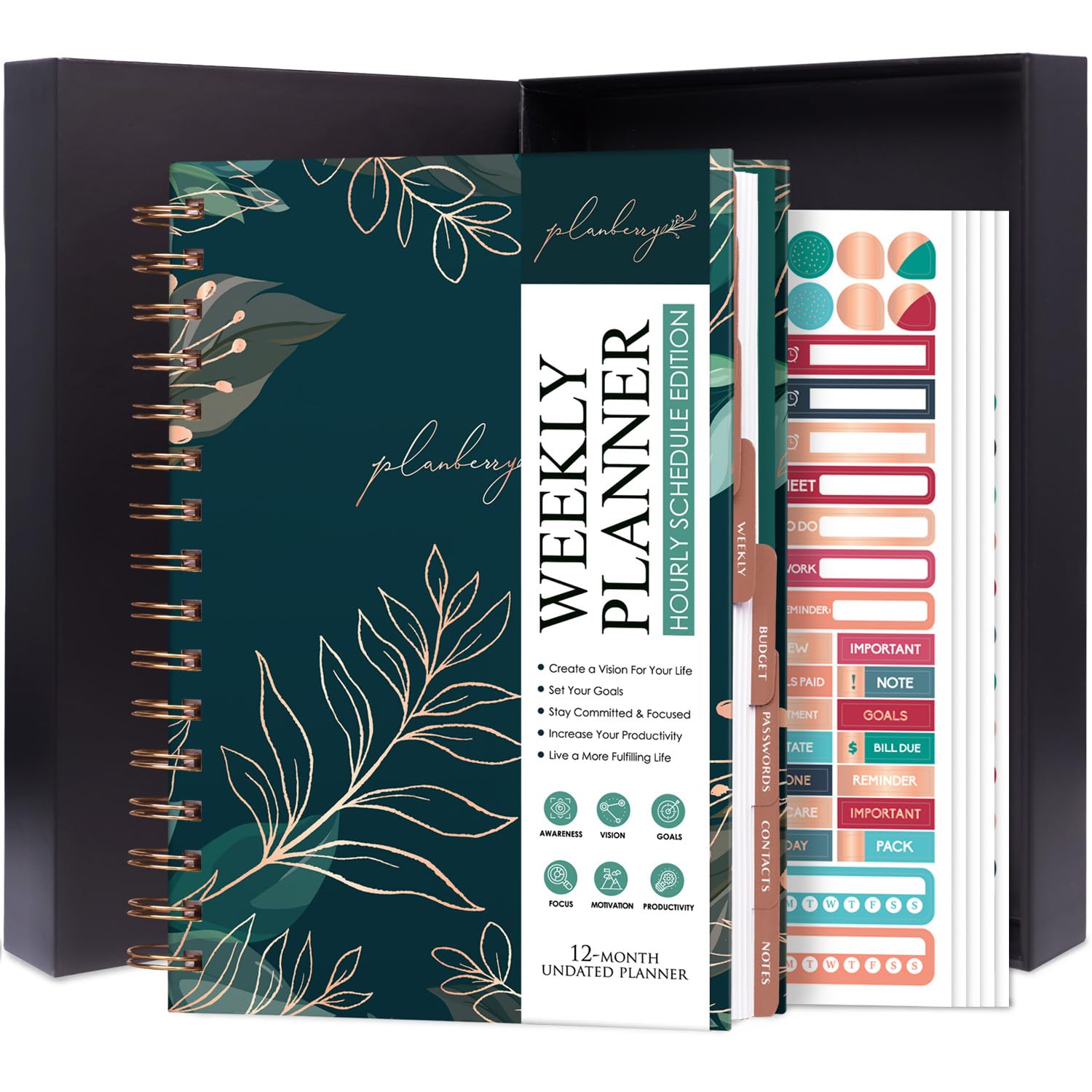 PLANBERRY Hourly Schedule Planner Premium – Undated Journal with Time Slots for Productivity & Budget Organizer, 17.5x21.6cm (Green Pastures)