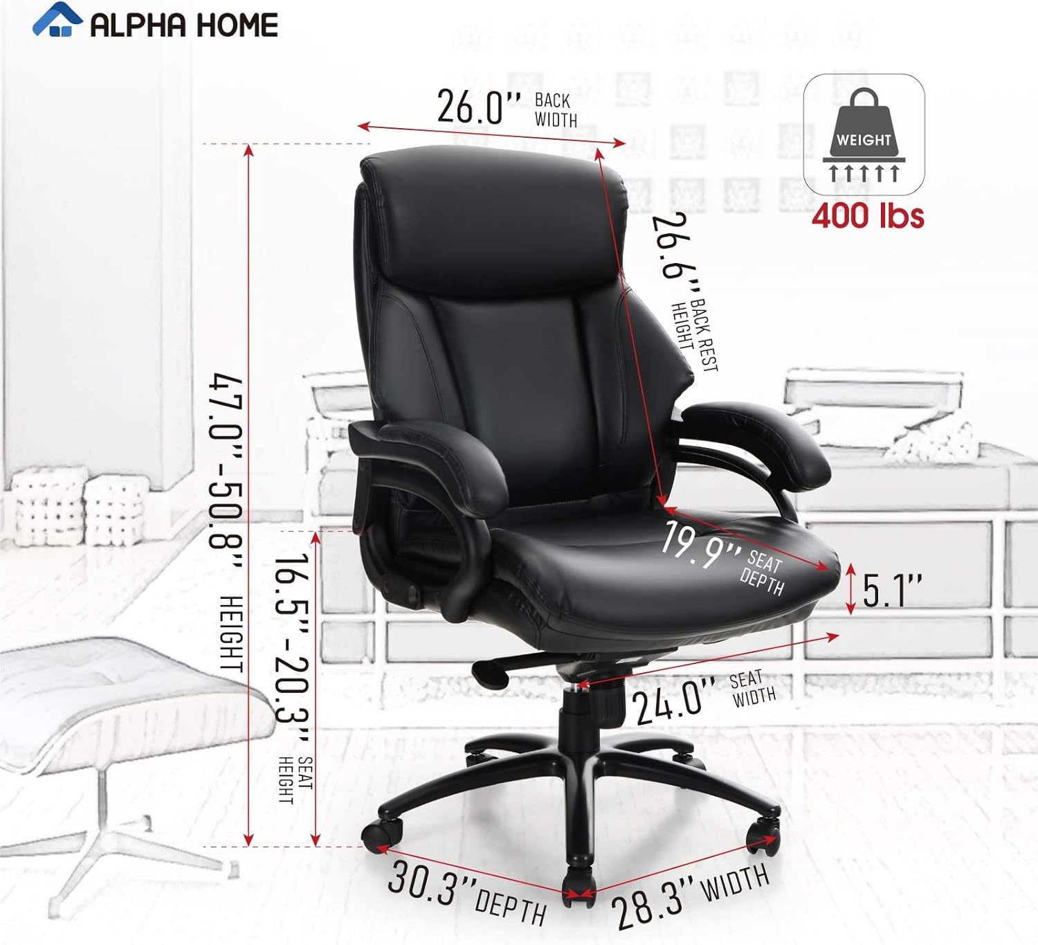 ALPHA HOME Ergonomic Office Chair High Back Executive Chair Managerial Computer Desk Chair with Lumbar Support Big Tall Adjustable Height Rolling Swivel Chair with Caster Black -Capacity 400 lbs: Kitchen & Dining