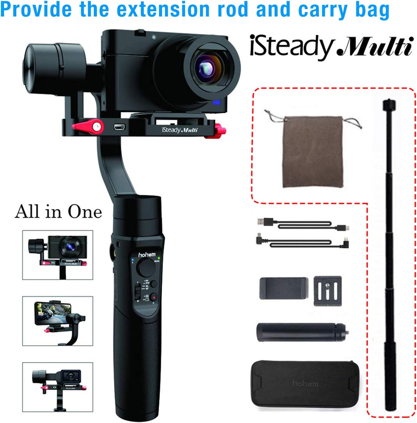 Hohem iSteady Multi Gimbal for Gopro Hero 7/6/5 iPhone/Smartphone Sony DSC Digital Camera,600° Pan Rotation 80-400g Payload,with Tripod,Carry Bag and Extension Rod