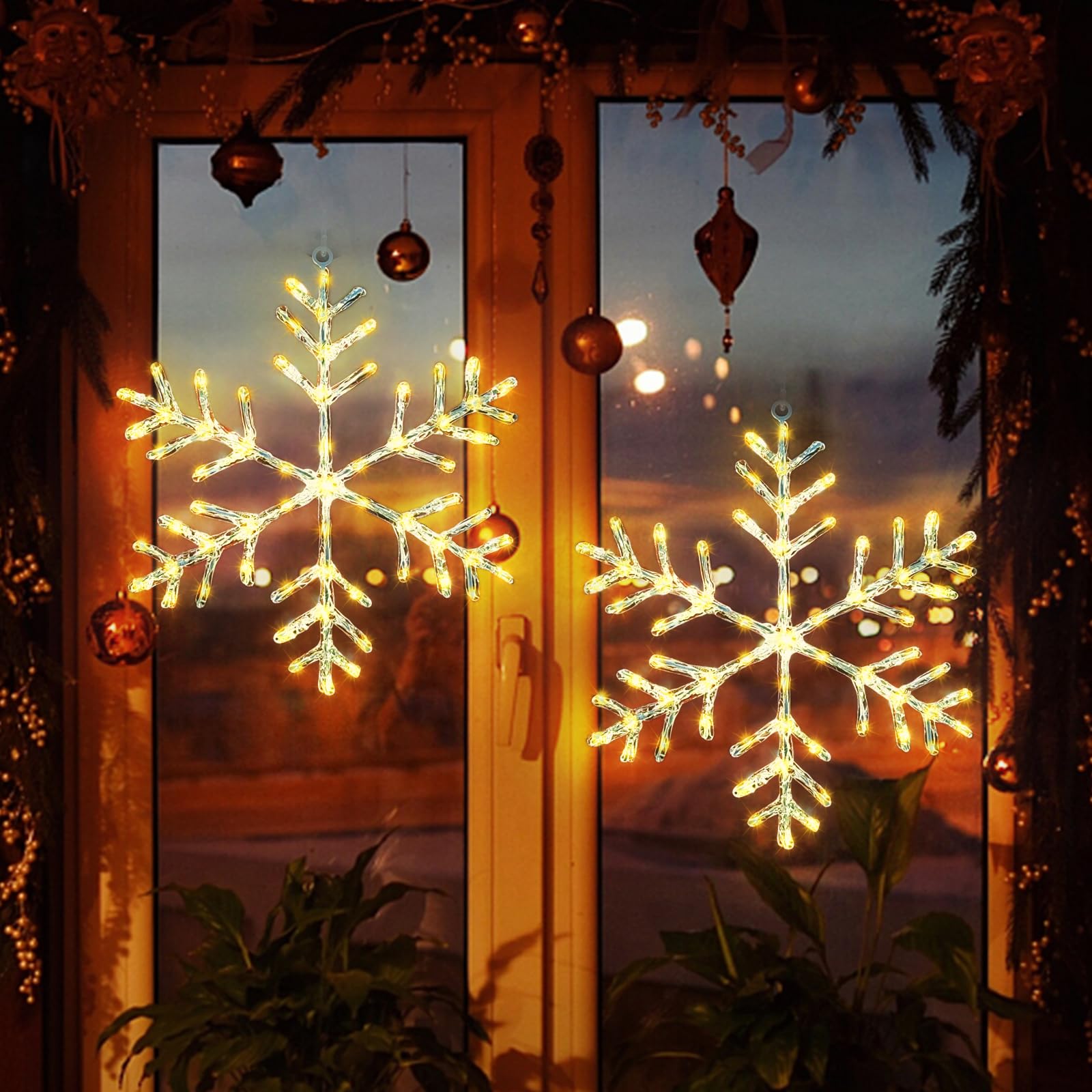 Photo 1 of 2 Pack Christmas Window Lights Snowflake Decorations, Snowflake Lights with 8 Lighting Modes for Holiday Indoor and Outdoor Wall Door Glass Decoration(Warm White)