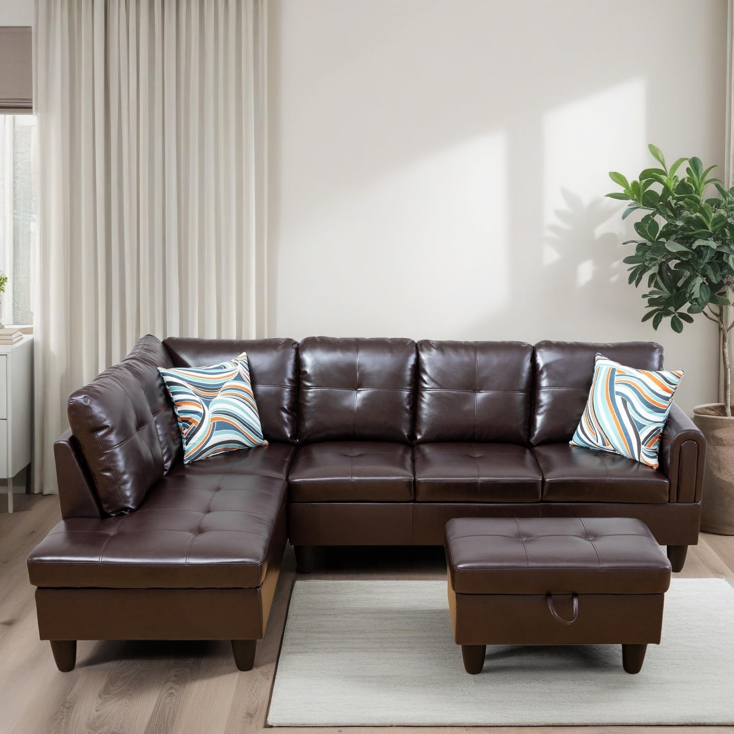 Photo 1 of Trygoal L Shaped Couch Sectional Couches with Chaise and Storage Ottoman, 3 Pieces Modular Convertible Sofa for Living Room Furniture Sets and Small Apartment Faux Leathert, Brown