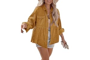 Ashuai Womens Corduroy Peplum Shacket Jacket Long Sleeve Button Down Babydoll Shirts Oversized Casual Blouses Tops