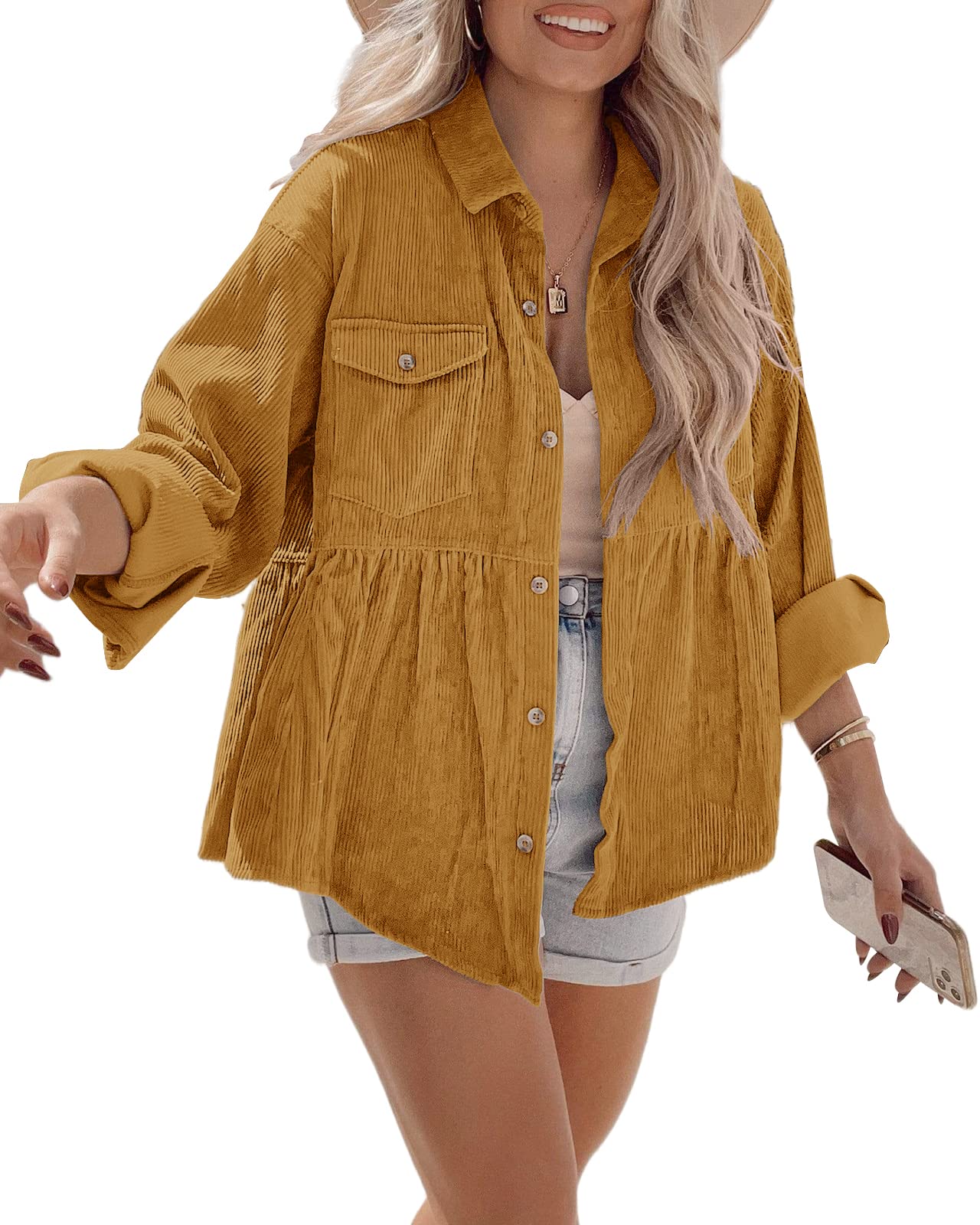 Photo 1 of Ashuai Womens Corduroy Peplum Shacket Jacket Long Sleeve Button Down Babydoll Shirts Oversized Casual Blouses Tops