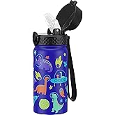 GOPPUS Kids Water Bottle (Straw Lid) - 14 Oz Stainless Steel Travel Bottle, Double Wall Vacuum Leak Proof Kids Cup for School Boys Girls,Blue Space dinosaur
