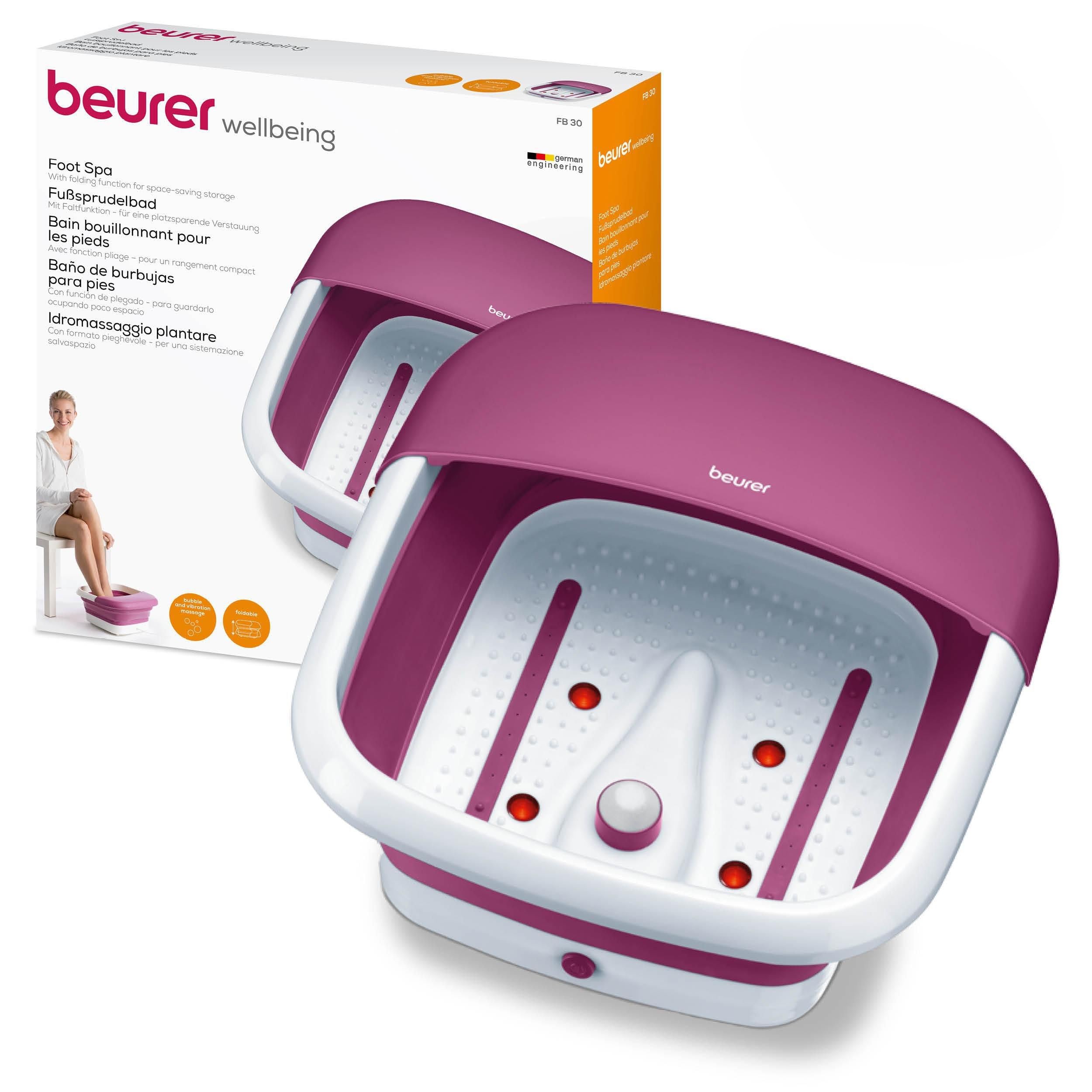 Beurer FB 30 bain de pied pliable avec chauffage à l'eau, massage par vibrations et massage à bulles, repose-pieds massant, points lumineux infrarouges, station de pédicure intégrée