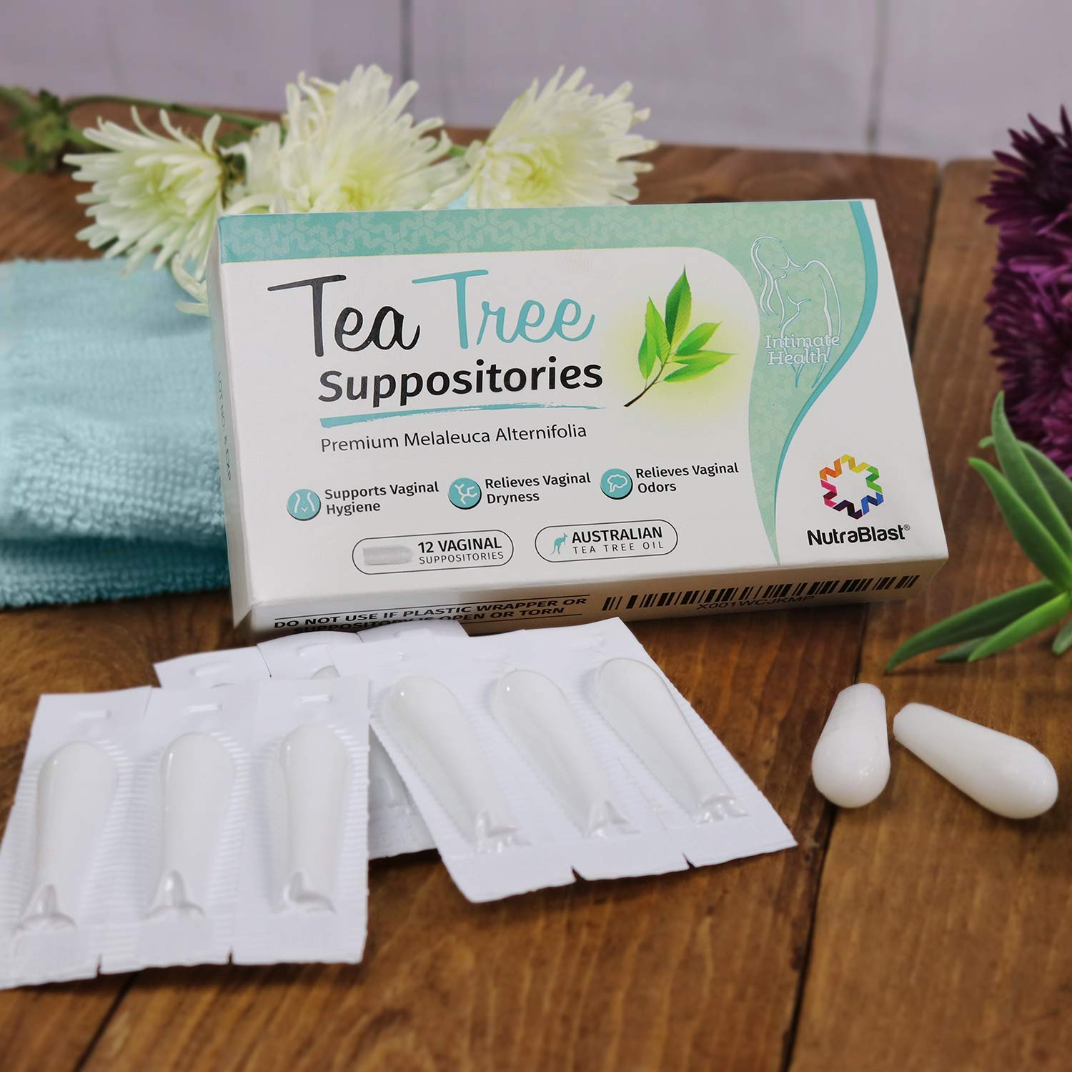 NutraBlast Tea Tree Oil Suppositories (12 Count) All Natural Intimate Deodorant for Women
