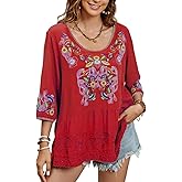 St.Lareina Women's Embroidered Tops 3/4 Sleeve Mexican Blouses Shirts Round Neck Dressy Tunics Peasant Tops Loose Fit