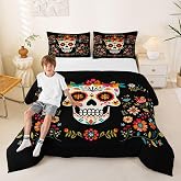 Sugar Skull Comforter Set King Size,Colorful Vintage Floral Bedding Set Hippie Mexico Style Quilt Set for Kids Girls Boys Teens Room Decor,Gothic Skeleton Pattern Duvet Insert,2 Pillowcases