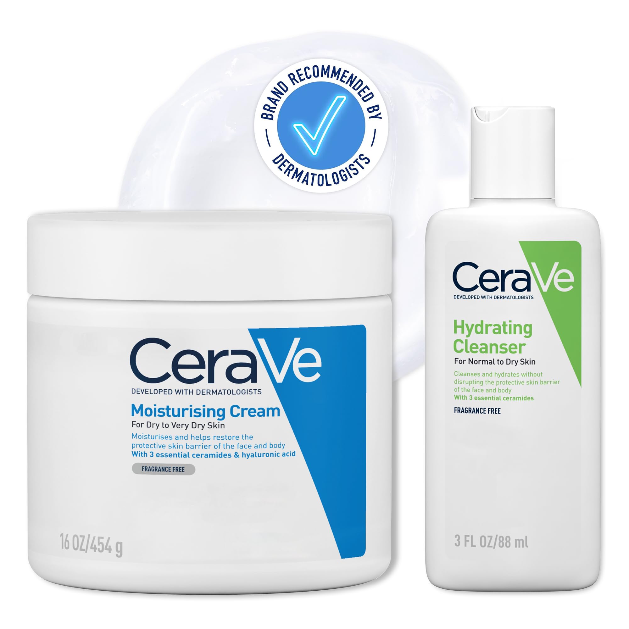 CeraVe Moisturising Cream 454g and Hydrating Cleanser 88ml Travel Bundle With 3 Essential Ceramides & Hyaluronic Acid, Complete Skincare Routine, Dry Skin Care, Dermatologist Developed