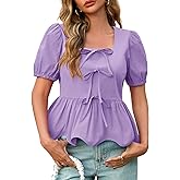 Tankaneo Womens Summer Peplum Babydoll Tops Square Neck Short Puff Sleeve Blouses Cute Ruffle Bow Shirts Purple