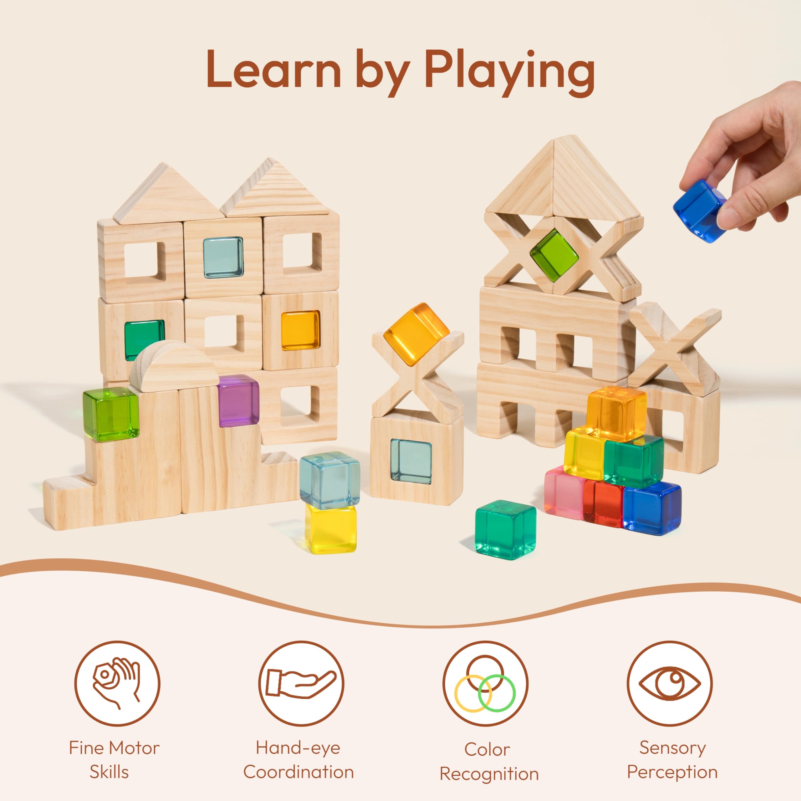 Woodtoe Wooden Rainbow Building Blocks Set for Kids, 22 PCS Wooden Blocks & 25 PCS Gem Cubes Stacking Blocks, Montessori Stacking Toys for Toddlers, Educational STEM Christmas Toys for Boys Girls 3-6