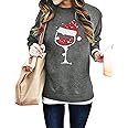 SUPEYA Women Red Wine Glass Christmas Sweatshirt Funny Christmas Pullover Xmas Santa Hat Graphic Blouse Tshirt Tops