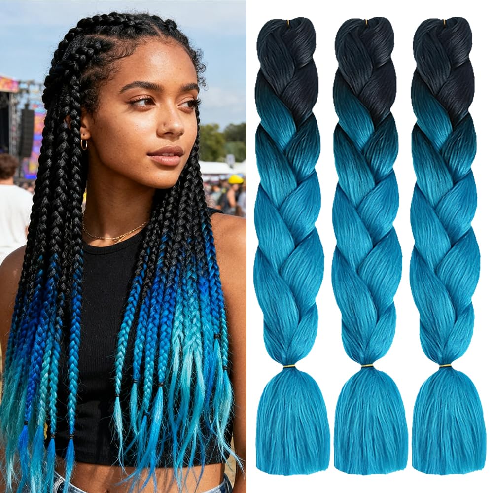 ShowJarlly Box Braid Hair Extensions, 24inch Black/Navy Blue ​Ombre Jumbo Braid Hair, 3Packs Synthetic Jumbo Braiding Hair Extension Afro Hair Extensions for Braiding Crochet Twist Braids