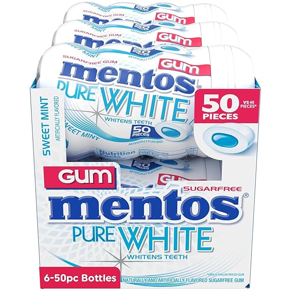 MENTOS PURE WHITE SUGAR-FREE CHEWING GUM WITH XYLITOL, SWEET MINT, HOLIDAY CANDY, BULK, 50PIECE BOTTLE (PACK OF 6)