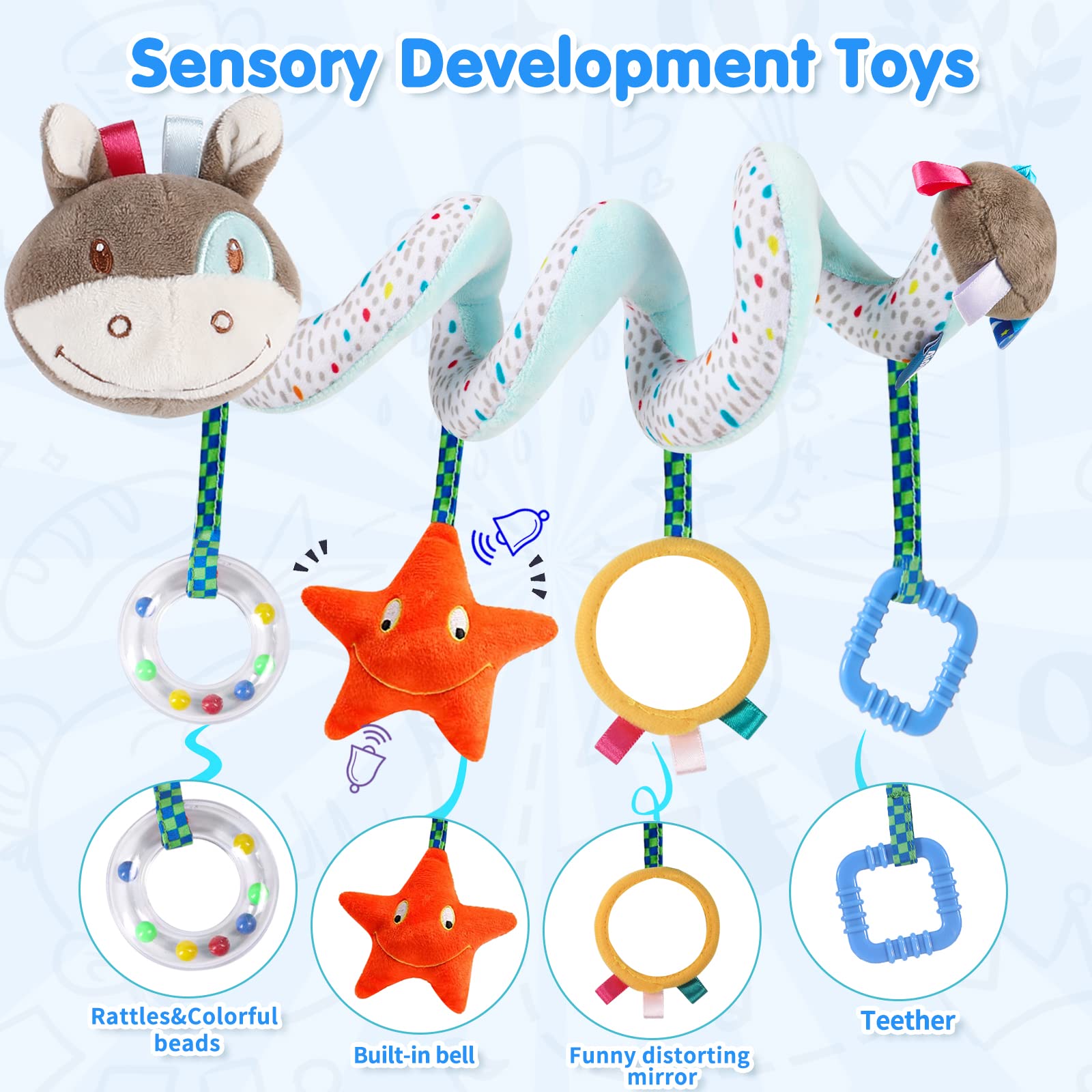 XIXILAND Car Seat Toys for Babies 0-6 Months, Stroller and Infant Toys 0-3 Months, Newborn Brain Development Crib Hanging Toys With Mirror, Rattles, and Teether