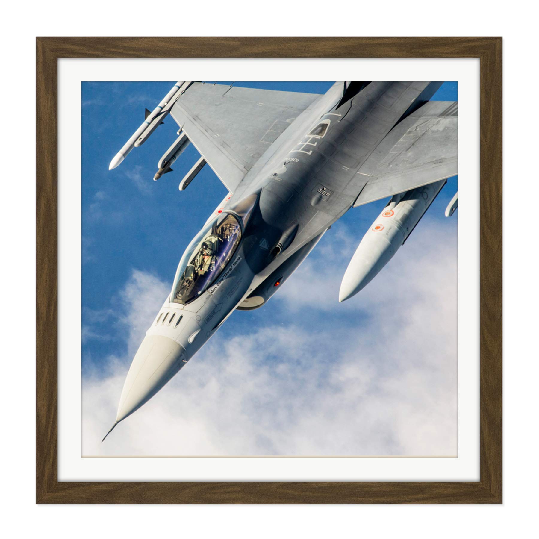 Military USA USAF F-16 Fighting Falcon Fighter Jet Photo Square Wooden Framed Wall Art Print Picture 16X16 Inch