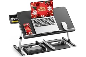 SAIJI Laptop Bed Tray Table, Adjustable PVC Leather Laptop Bed Table, Portable Standing Desk with Storage Drawer, Foldable Lap Tablet Table for Sofa Couch Floor (Dark Black)