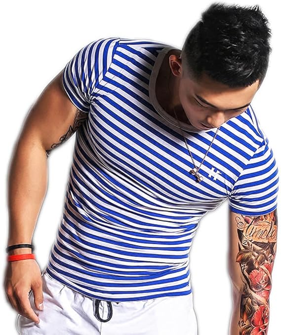 Amazon メンズ ボーダー Tシャツ スリム ぴったりフィット ピタt セレブ マッチョ 男性用 Gtline 男性 トレーニング 海 プール ラグジュアリー 夏 ビーチ 夏休み Gt Line ｌサイズ ブルー Tシャツ カットソー 通販