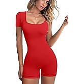 YIOIOIO Women's Short Sleeve Yoga Romper Seamless Ribbed Workout One Piece Square Neck Jumpsuit