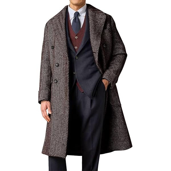 【Mode】Herringbone tweed over long coat Pkrboro Men's Herringbone Tweed Outwear Notch Lapel Wool Trench