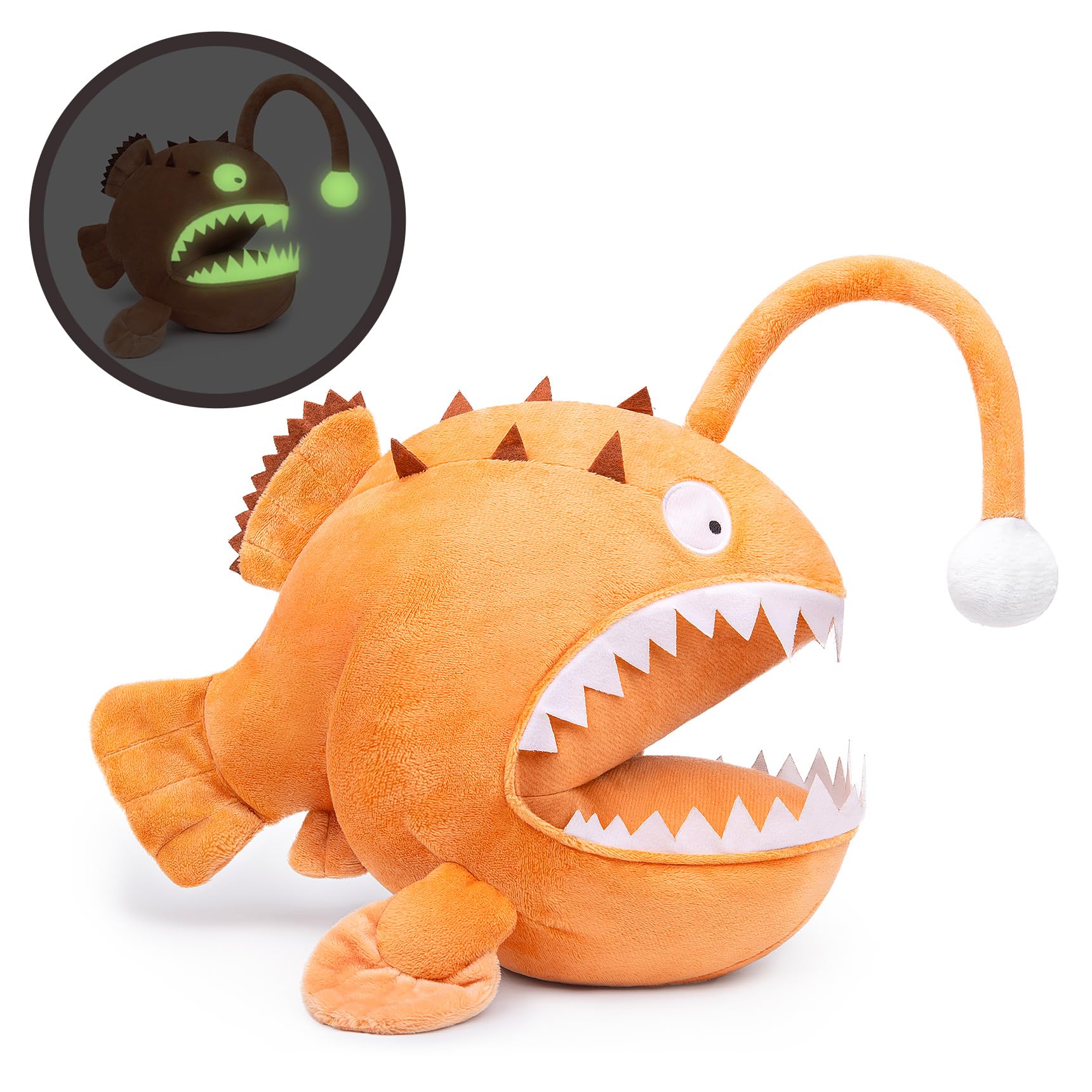 Tiny Heart Anglerfish Plush Stuffed Animal 36cm/14โ Realistic Anglerfish Plush Toy Lovely glow in the dark Cute Soft Gifts fish for Kids Bedtime Companion Plushie Collection Interactive Play brown