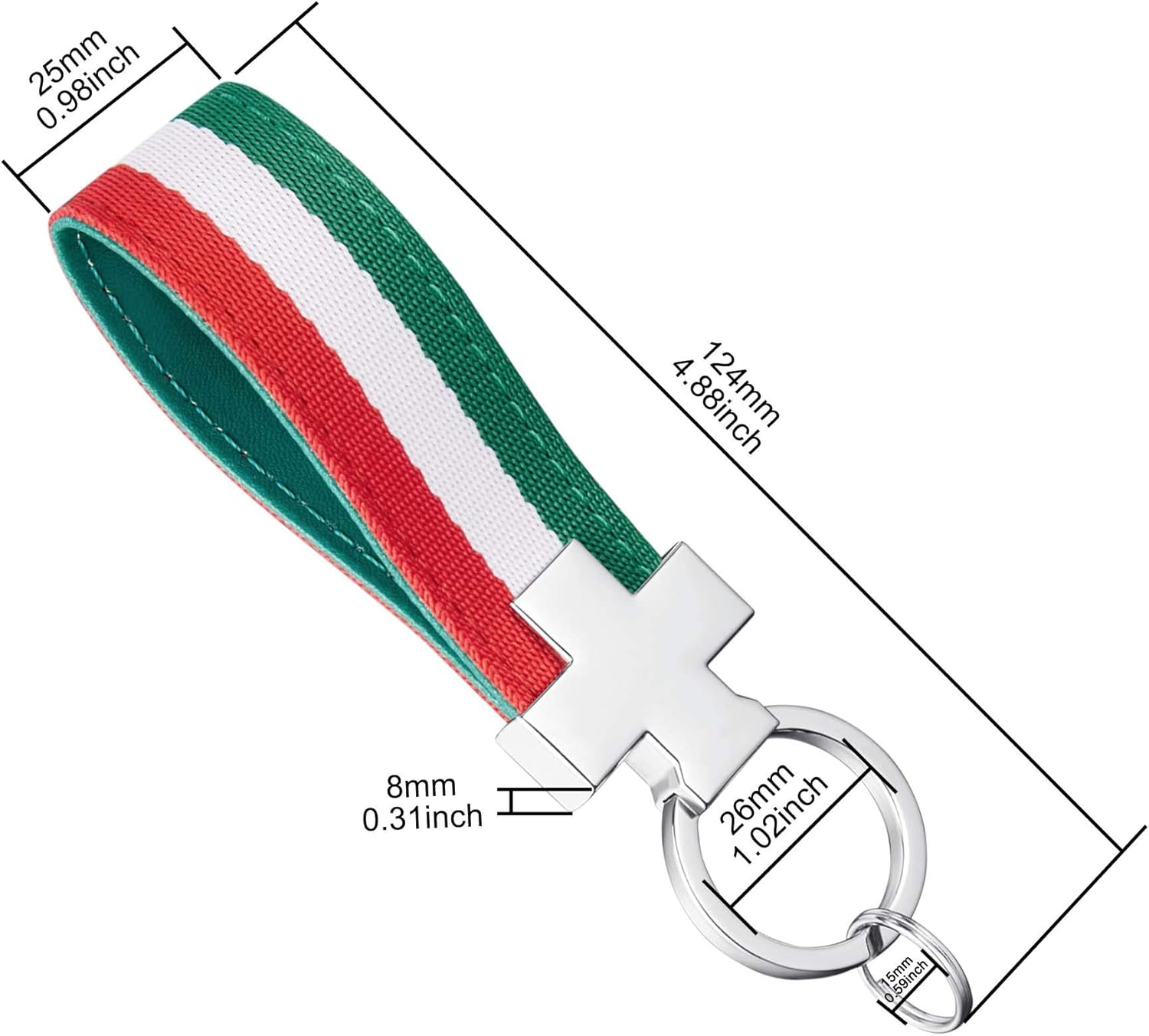 TOMALL Italian Flag Stripe Keychain Ring Nylon Strap Key Band Inner PU Leather 3-color Stripe Key Fob Chain Fashion Stripe for Car Key Wallet Europe Universal - Image 3