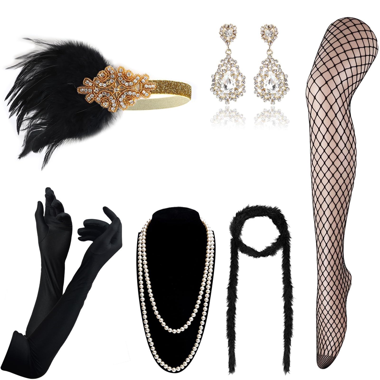 DRESHOW 1920s Accessories Headband Necklace Gloves Flapper Costume Accessories Set for Women