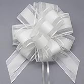 FQTANJU 5 PCS 6 inches Large Pull Bows, White Organza Wedding Gift Wrapping Ribbon Bows for Gift Baskets, Christmas, Birthday Parties