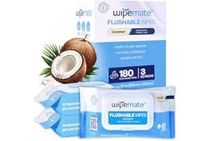 Wipemate Ultra Flushable Butt Wipes, Soothing Vitamin E & Aloe, 99% Water, Coconut Scent Premium Super Soft Hygiene Wipes, Septic & Sewer Safe, 3 Premium Flip-Top Packs, 60 Wipes Per Pack (180) Ct