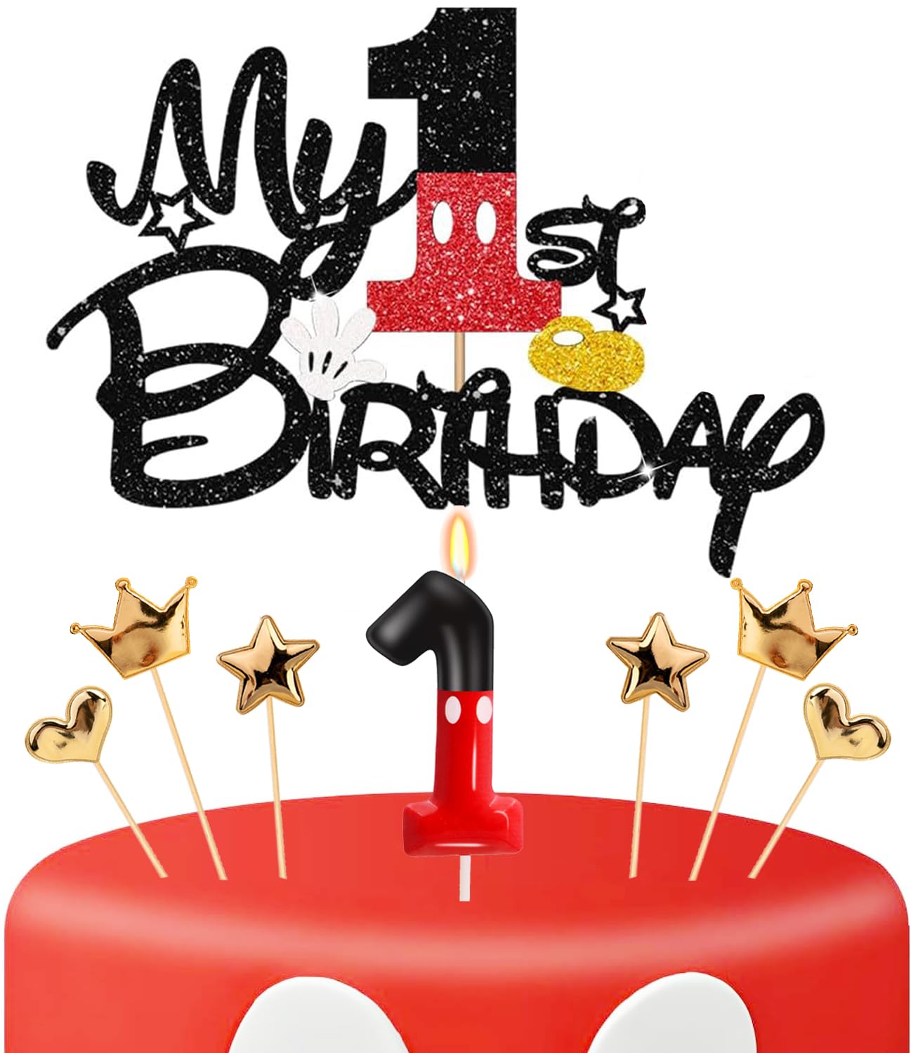 Photo 1 of 1st Birthday Cake Decorations for Boys, One Year Old Birthday Numeral 1 Cake Candles and Glitter Cartoon Black Red Cake Toppers Set for Birthday Party Supplies (Number 1, Red)