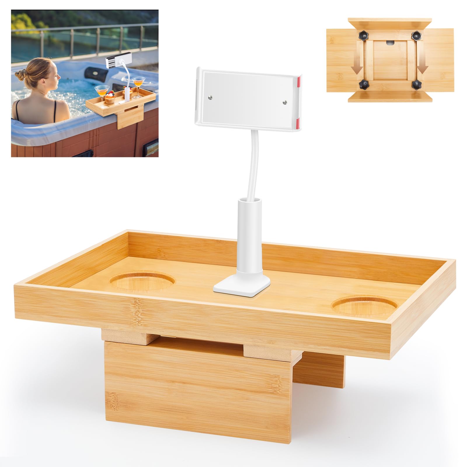 Photo 1 of Beeveer Bamboo Hot Tub Tray Table with Phone Holder Adjustable Nonslip Bathtub Side Table Beverage Drink Holder Relaxing Must Have Hot Tub Spa Accessories for Adults