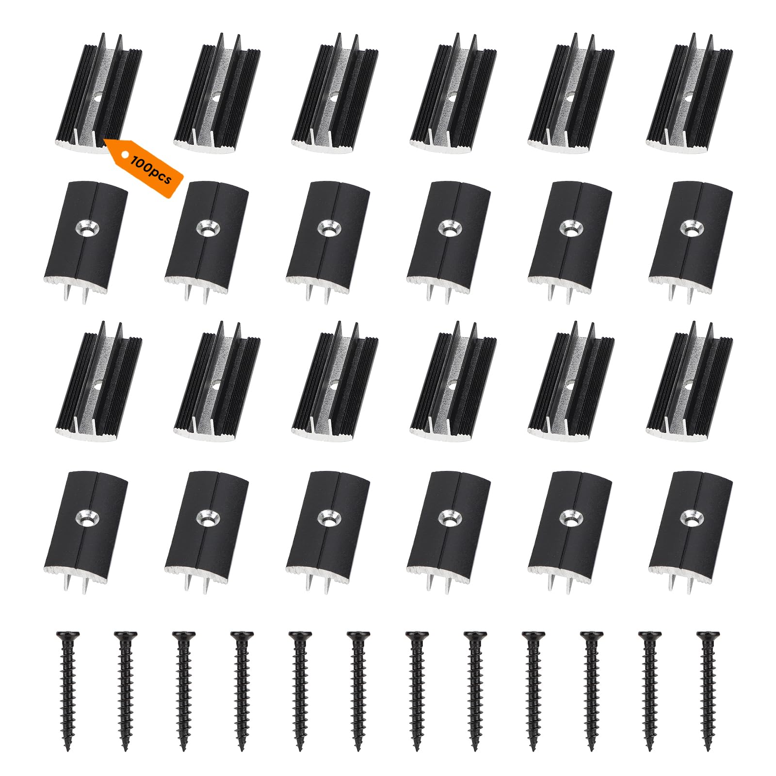 Supaway Pack of 100 Plastic Aluminium Alloy T-Clips for Decking 6 mm Gap Spacing Hidden Spacers with 100 Screws for WPC/BPC Flooring Composite Boards Black