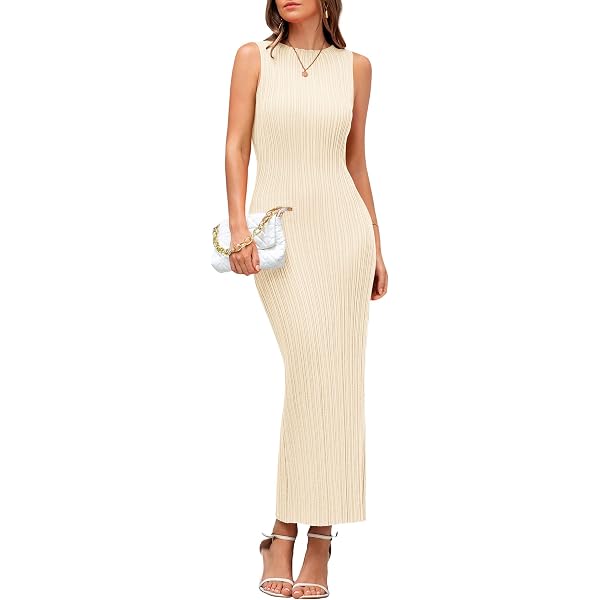 Yousify Women's Ribbed Knit Maxi Dress – Trendy Casual Cap Sleeve Crewneck Dress For Summer & Vacation