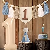 KATBUU 1st Birthday Decorations for First Boys With Highchair Banner, Blue Cone Hat, 40‘’ Number 1 Balloon and 1 Birthday Candle Photo Backdrop (Khaki and Blue)