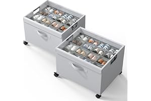 HOUSE AGAIN 2 Pack Shoe Organizer for Closet, Shoe Storage Boxes with 360° Wheels, Sturdy Metal Frame Fits up to 16 Pairs, Boots&Shoes Cubby Storage Containers with Adjustable Dividers and Clear Cover