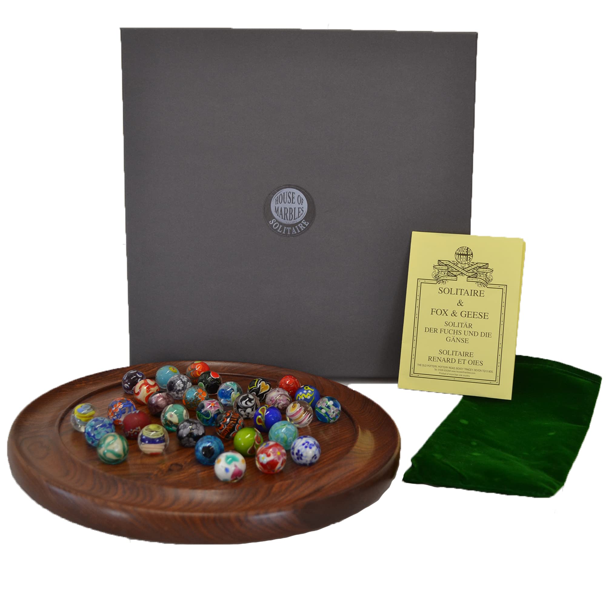 House of Marbles Handmade Large Solitaire – Solid Wood Board, Handmade Glass Marbles