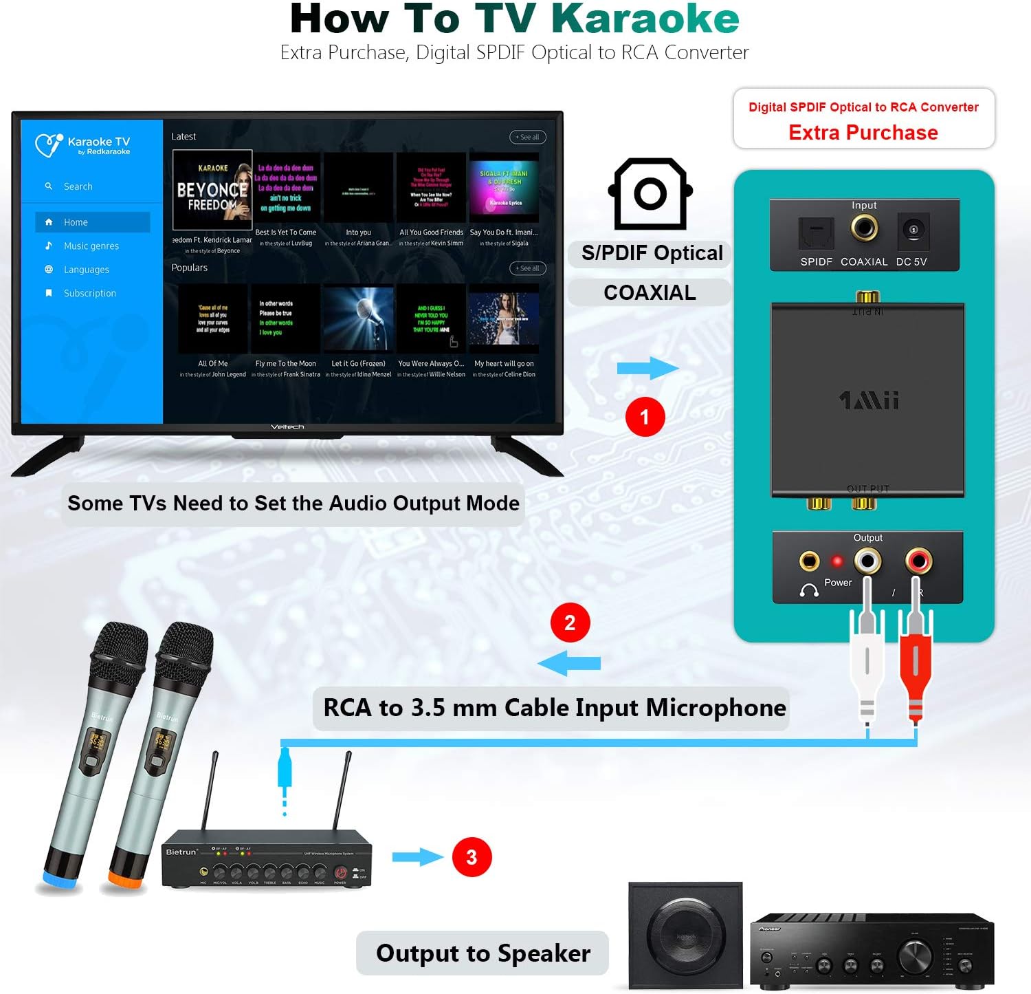 Wireless Microphone, with Echo Treble, Bass, 160ft Range, UHF Metal Dual Handheld Wireless Dynamic Microphone System with Bluetooth, RCA＆1/4’’Output, for Singing, Church, Karaoke, DJ, Wedding, Speaker: Home Audio & Theater