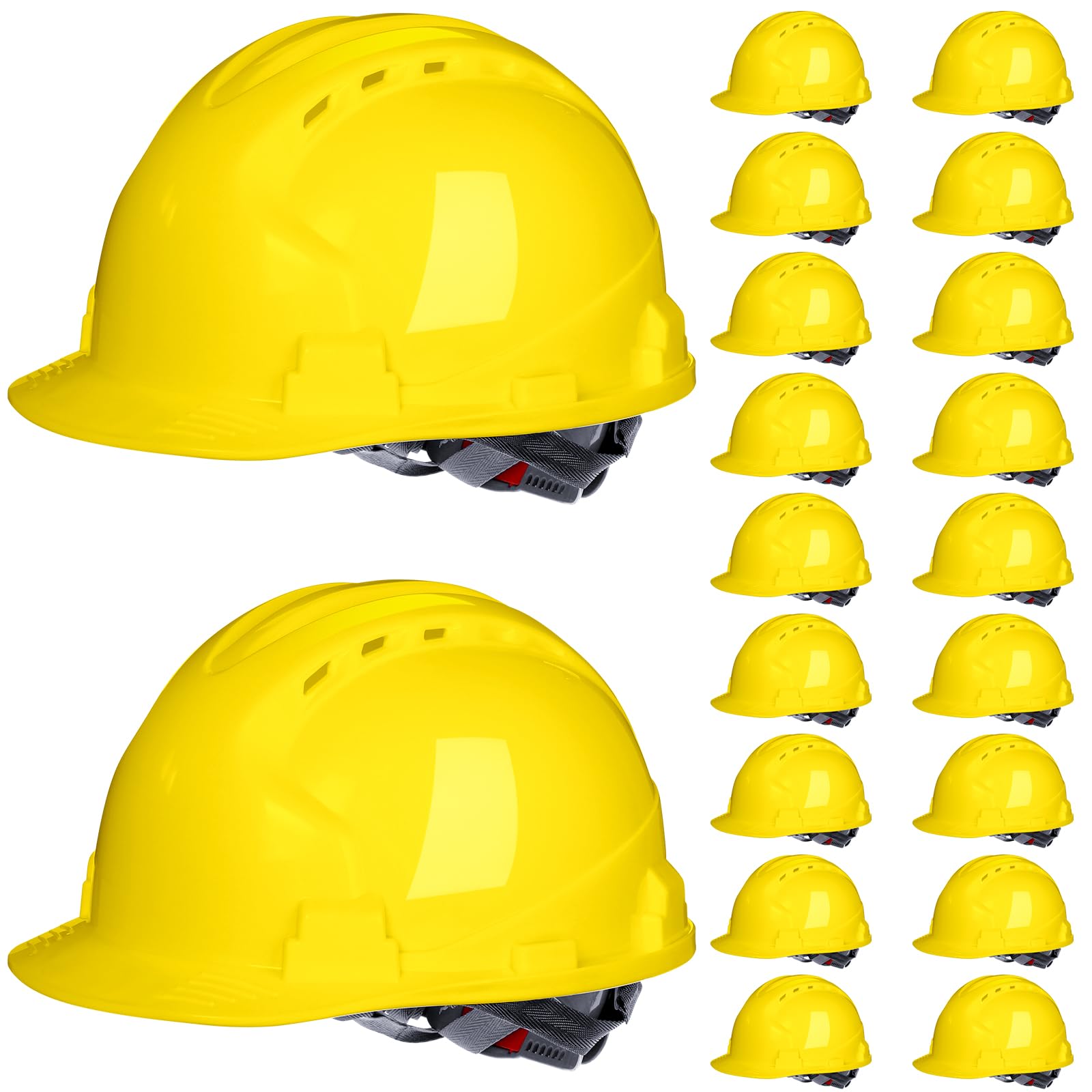 Photo 1 of Leumoi 20 Pack 4 Pt. Suspension Hard Hat Bulk Safety Helmets ABS Ratchet Hard Hats Adjustable Construction Hardhats with Vents and Cotton Brow Pad Hard Hats for Men Work Head Protection (Yellow)