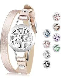 Essential Oil Diffuser Bracelet,Stainless Steel Aromatherapy Locket Bracelets Leather Band with 8 Color Pads,Girls Women Jewelry Gift Set