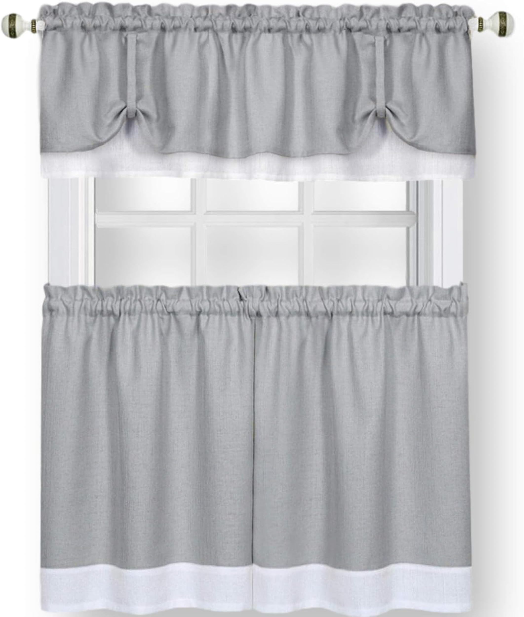 Achim Home Furnishings Soft Window Tier & Valance Set, Polyester, Grey/White, 58 x 24/58 x 14