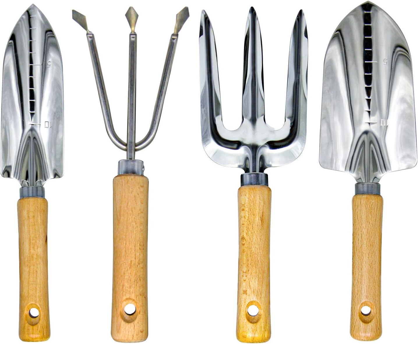 GeToo Garden Tools Set - 4 Piece Heavy Duty Gardening Kit Included Ergonomic Hand Trowel,Transplant Trowel, Cultivator Hand Rake and Planting Fork with Wood Handle, Gift for Men Or Women.