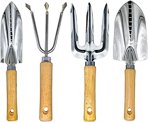 GeToo Garden Tools Set - 4 Piece Heavy Duty Gardening Kit Included Ergonomic Hand Trowel,Transplant Trowel, Cultivator Hand Rake and Planting Fork with Wood Handle, Gift for Men Or Women.
